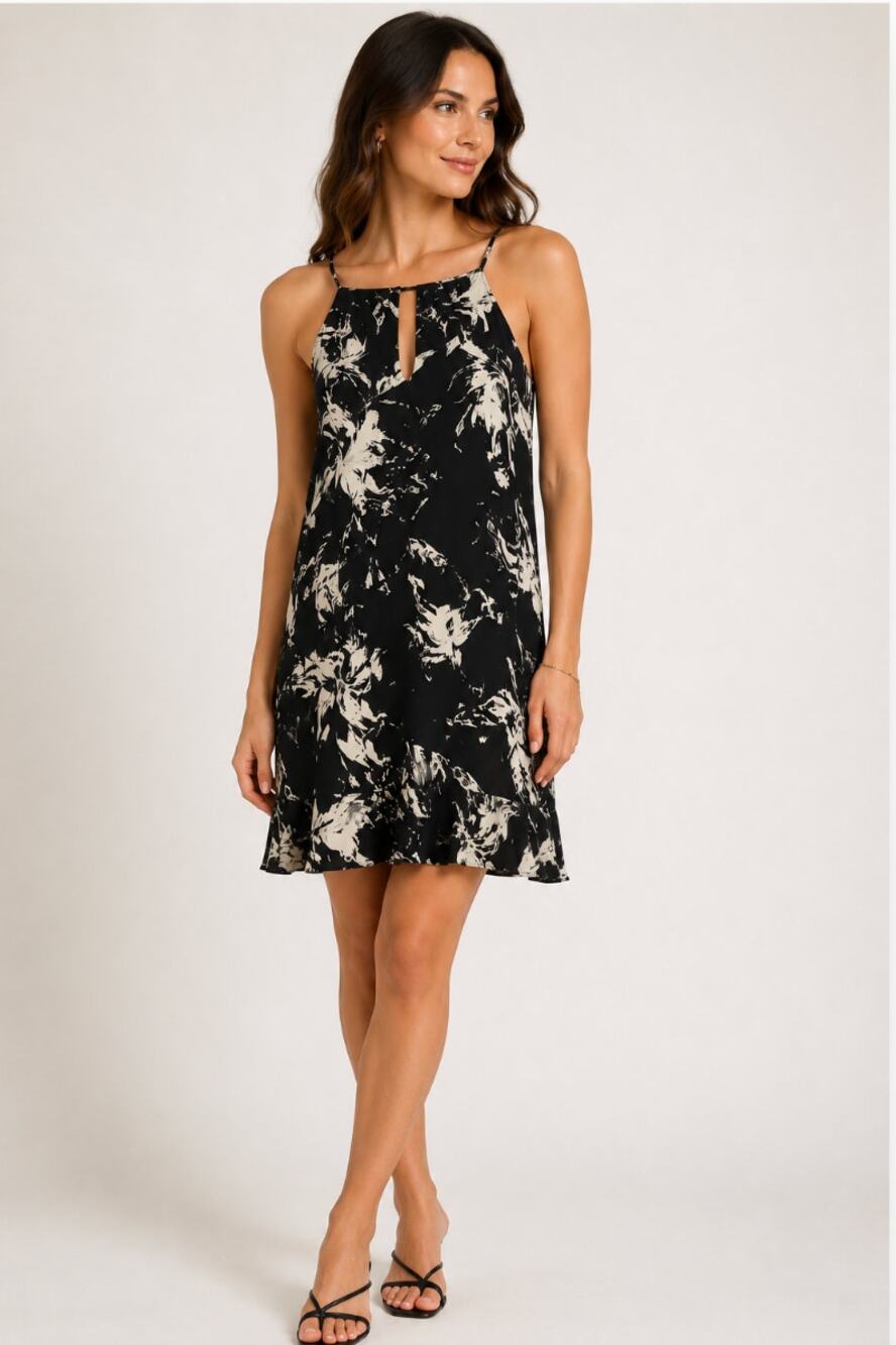 NWT Parker Elegant Keyhole Racerback Halter Black Floral Ruffle Whimsy Dress S